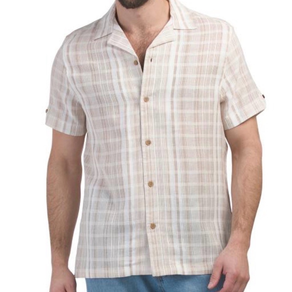 Ben Sherman XL Short Sleeve Button Down Shirt White Spice Cotton Wood Buttons